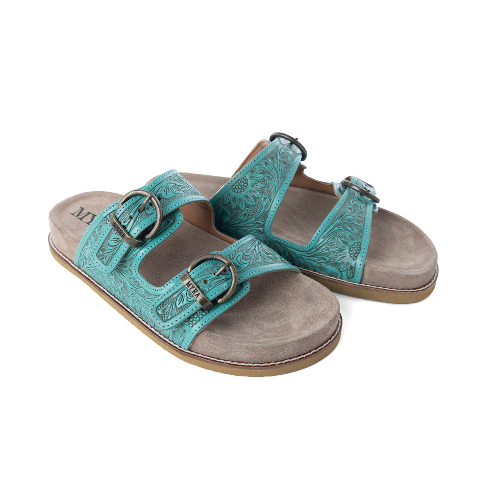 Myra Bluebell Ranch Handtooled Leather Sandals in Alpine Teal