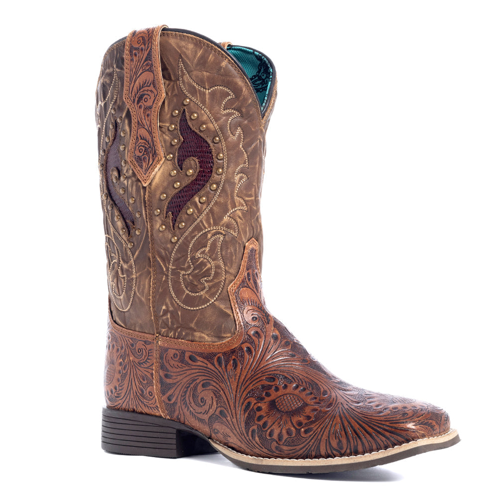 Myra Gianna Hand-Tooled Leather Boots for Women Studded Mid-Calf Western Brunch Heels with Embroidered Floral Designs