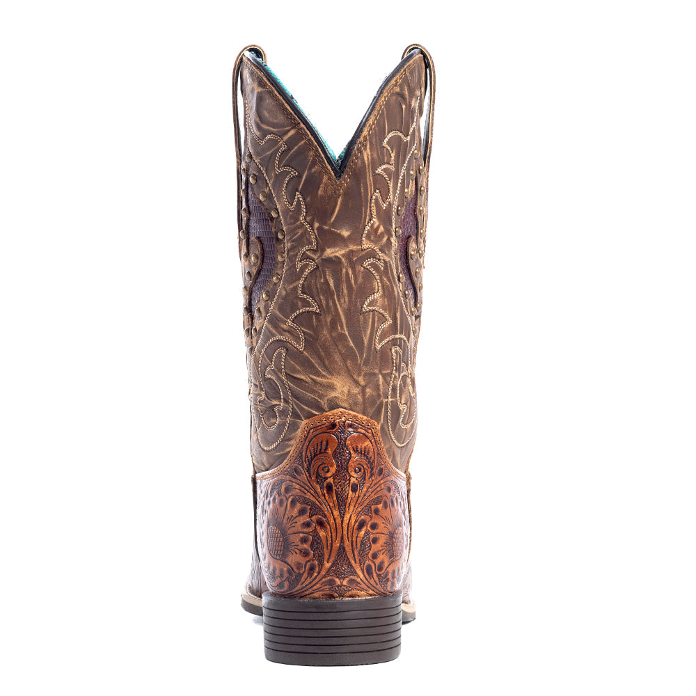 Myra Gianna Hand-Tooled Leather Boots for Women Studded Mid-Calf Western Brunch Heels with Embroidered Floral Designs