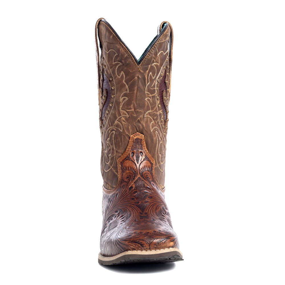 Myra Gianna Hand-Tooled Leather Boots for Women Studded Mid-Calf Western Brunch Heels with Embroidered Floral Designs