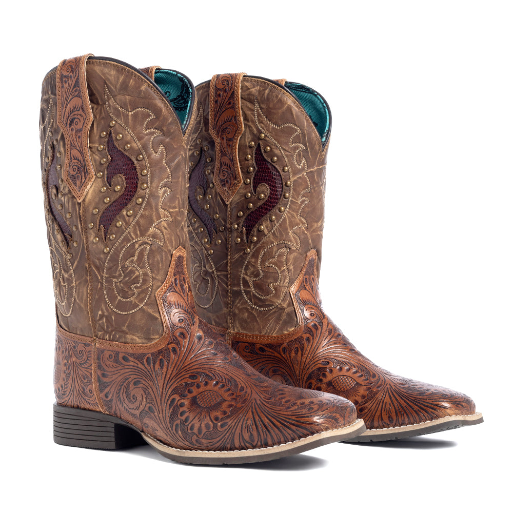 Myra Gianna Hand-Tooled Leather Boots for Women Studded Mid-Calf Western Brunch Heels with Embroidered Floral Designs