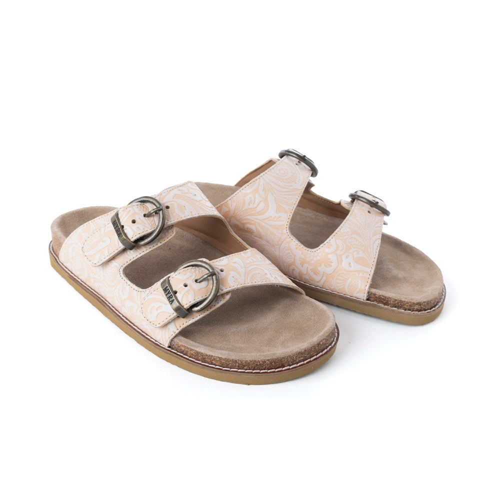Myra Desert Lily Embossed Leather Sandals in Antique White