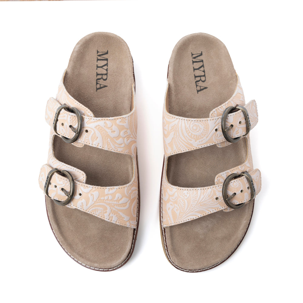 Myra Desert Lily Embossed Leather Sandals in Antique White
