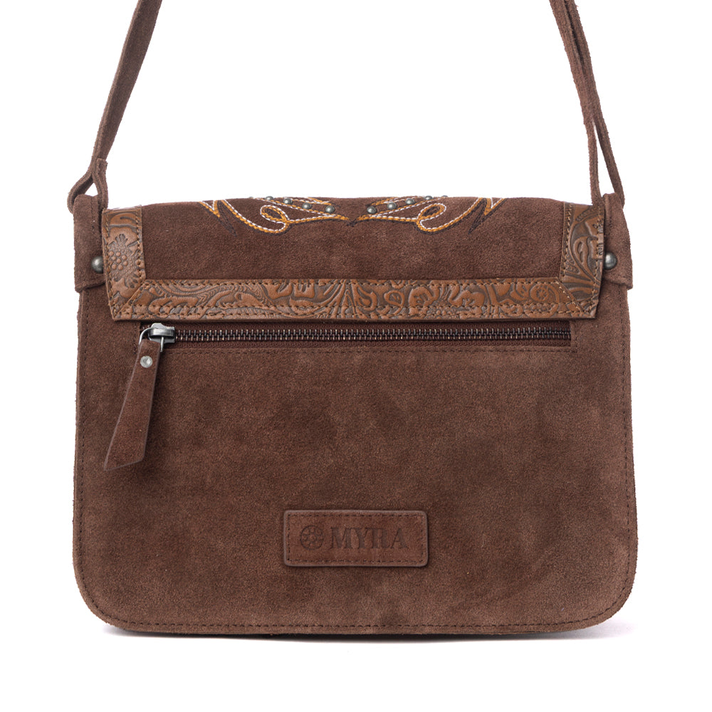 Myra Amberwood Suede Leather Boot Embroidered Leather Bag in Chestnut Brown