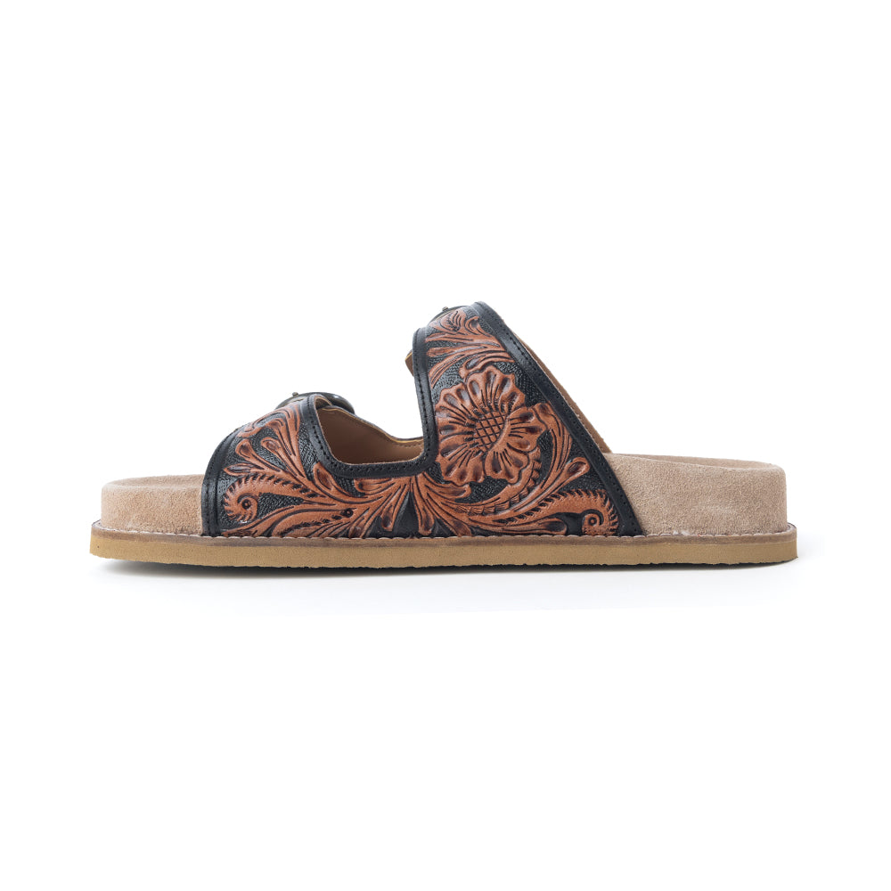 Myra Canyon Ember Handtooled Leather Sandals in Bronzed Brown
