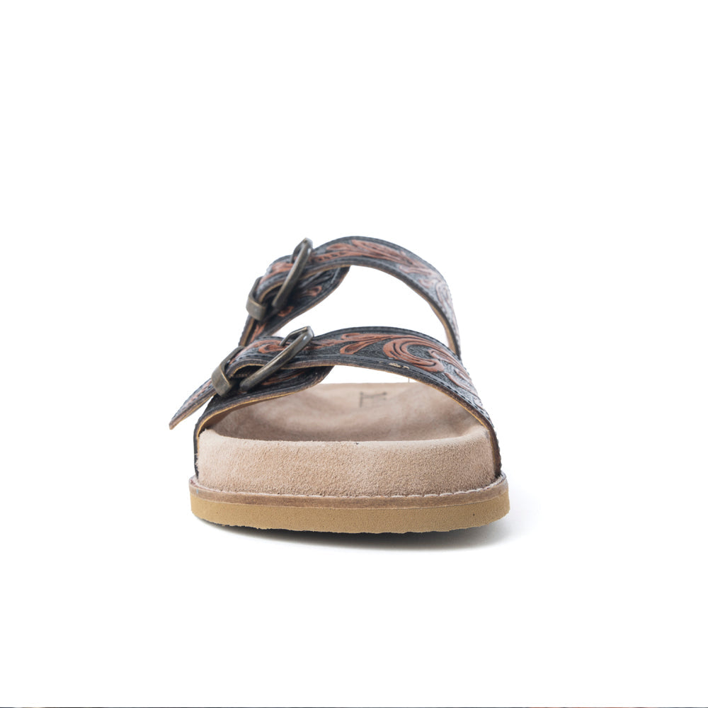 Myra Canyon Ember Handtooled Leather Sandals in Bronzed Brown