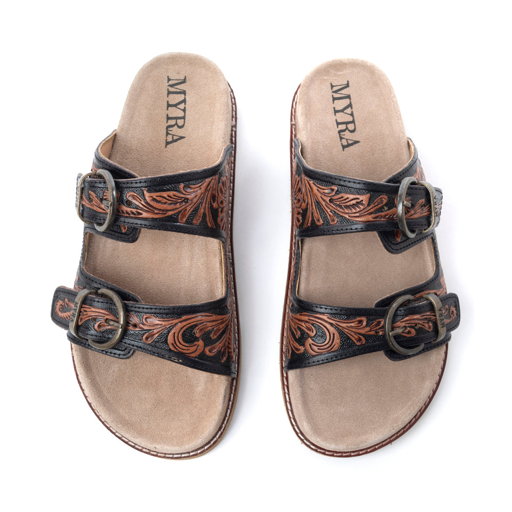 Myra Canyon Ember Handtooled Leather Sandals in Bronzed Brown