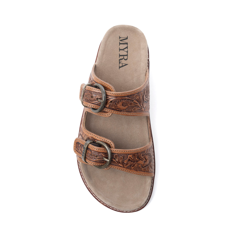 Myra Desert Fern Handtooled Leather Sandals in Autumn Tan