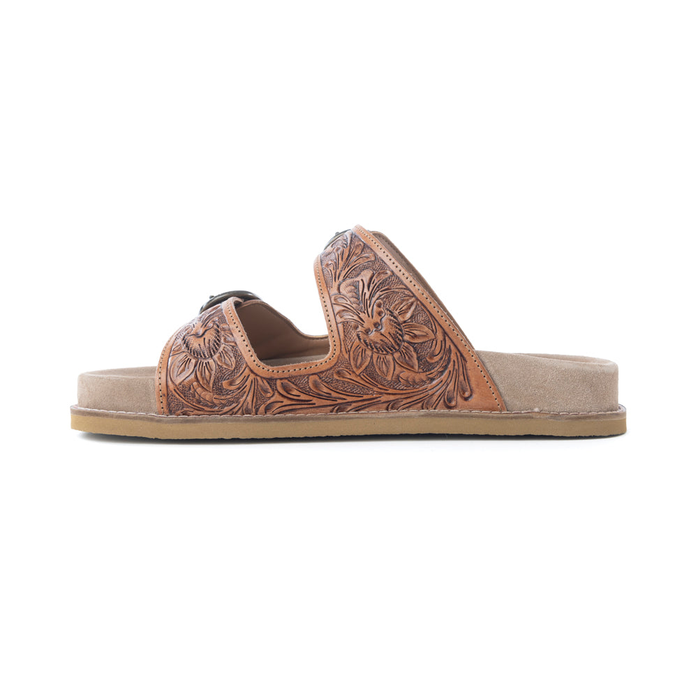 Myra Desert Fern Handtooled Leather Sandals in Autumn Tan