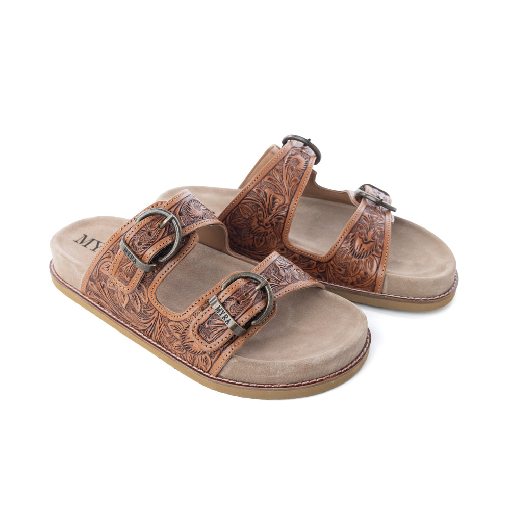 Myra Desert Fern Handtooled Leather Sandals in Autumn Tan