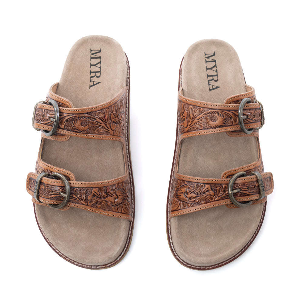 Myra Desert Fern Handtooled Leather Sandals in Autumn Tan