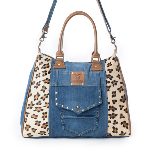 Myra Canyon Crest Tote Bag in Leopard Denim