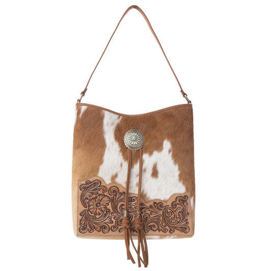 Myra Yellowstone Tawny Ridge Handtooled Hairon Concealed Carry Bag in Ivory Mocha